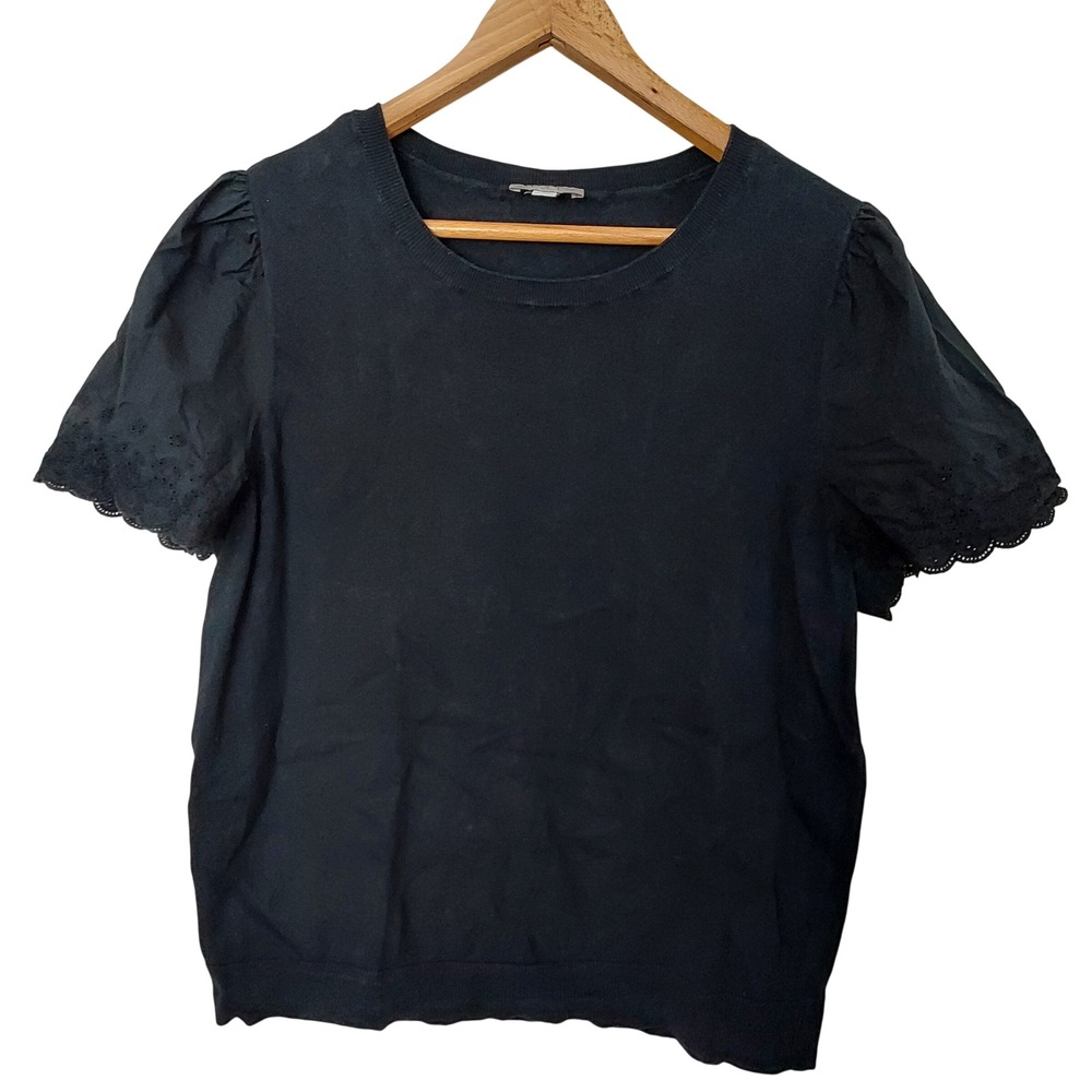 LOFT Outlet Black Eyelet Puff Sleeve Knit Top Crew Neck XL Coquette Whimsigoth